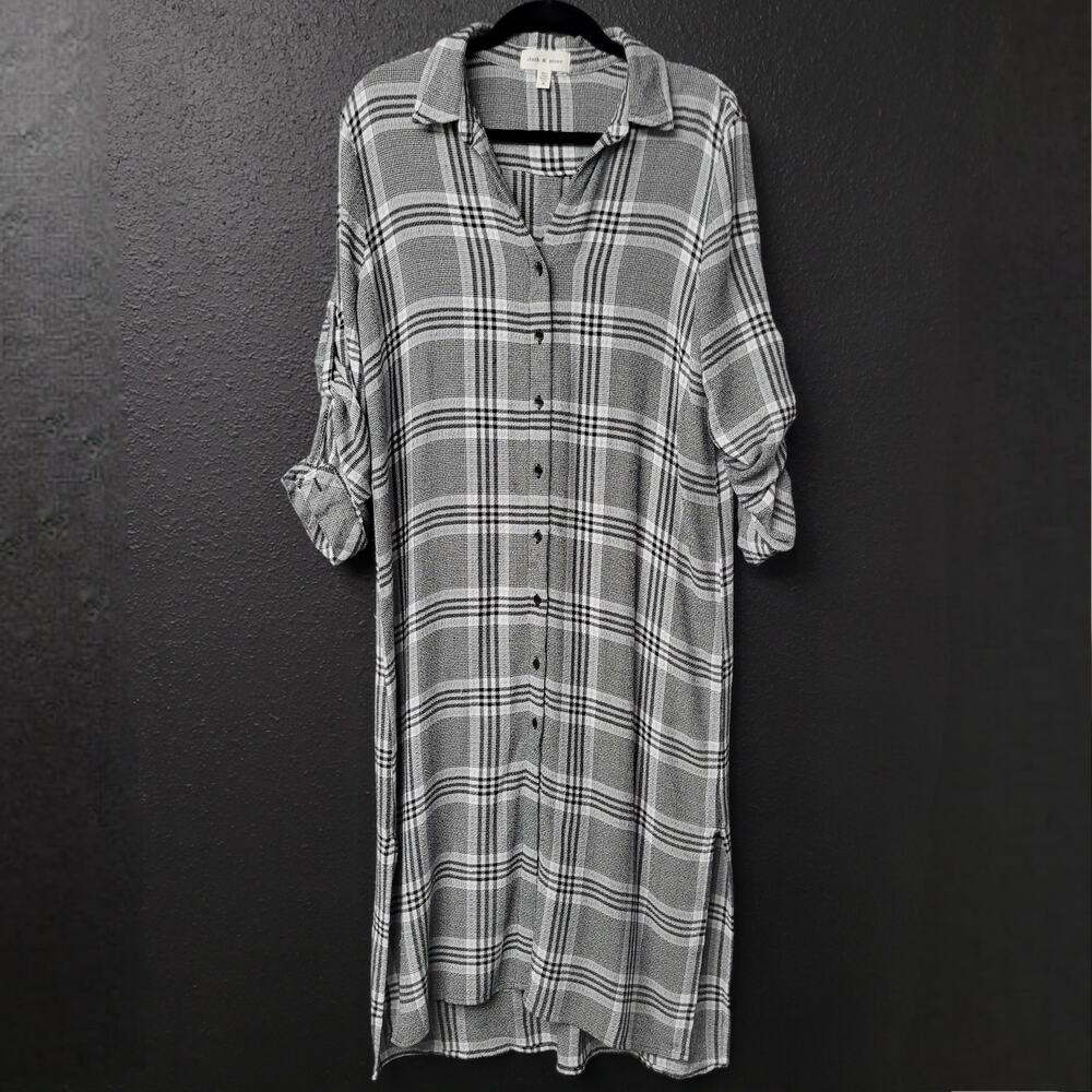 Cloth & Stone Plaid Shirt Dress Medium Black White Button Front Roll Tab Midi